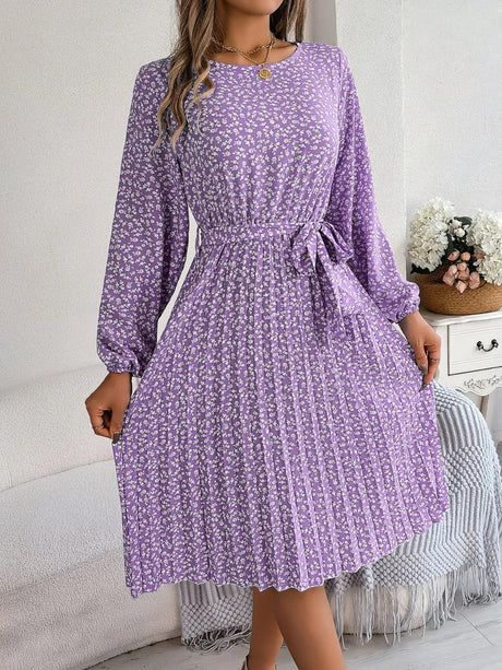 Ditsy Floral Tie Waist Pleated Dress - V.I.P Digital Presence