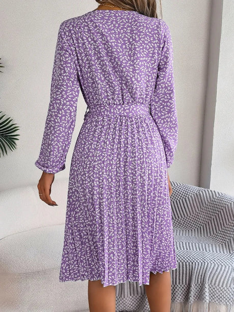 Ditsy Floral Tie Waist Pleated Dress - V.I.P Digital Presence