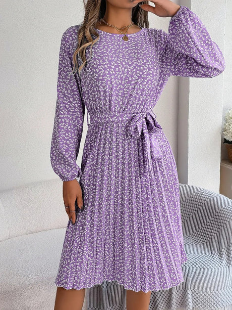 Ditsy Floral Tie Waist Pleated Dress - V.I.P Digital Presence