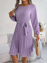 Ditsy Floral Tie Waist Pleated Dress - V.I.P Digital Presence