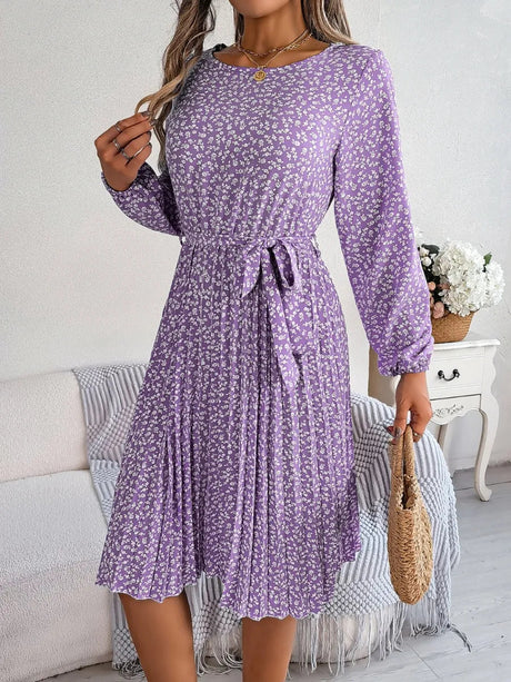 Ditsy Floral Tie Waist Pleated Dress - V.I.P Digital Presence