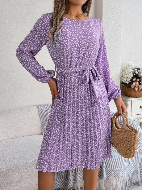 Ditsy Floral Tie Waist Pleated Dress - V.I.P Digital Presence