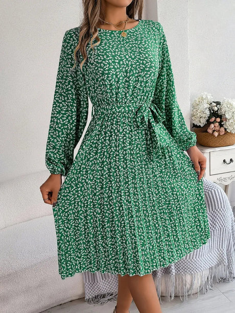 Ditsy Floral Tie Waist Pleated Dress - V.I.P Digital Presence