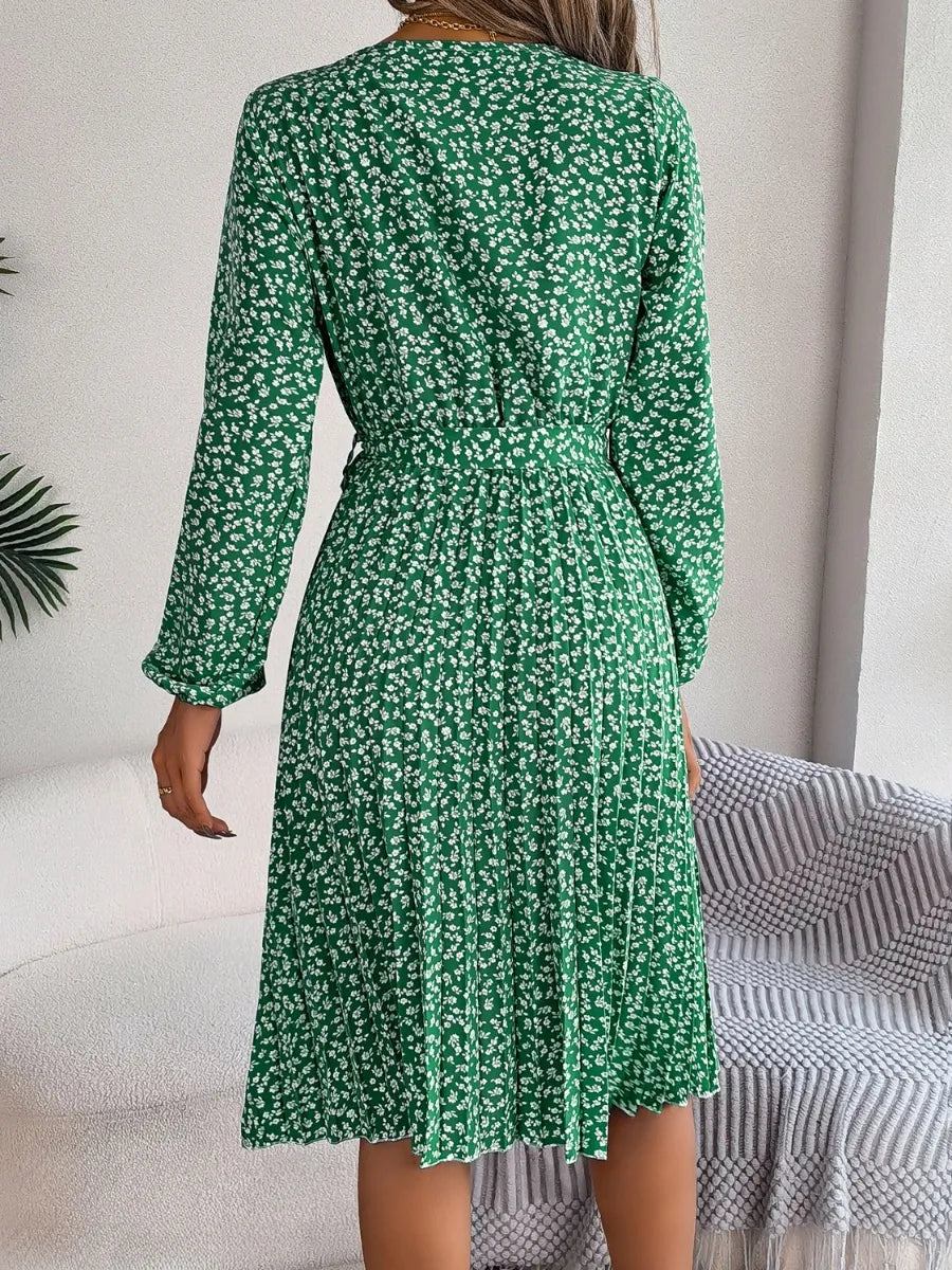 Ditsy Floral Tie Waist Pleated Dress - V.I.P Digital Presence
