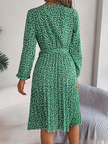 Ditsy Floral Tie Waist Pleated Dress - V.I.P Digital Presence