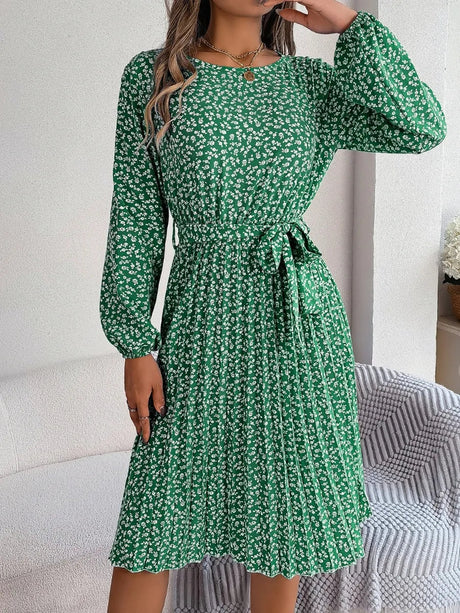 Ditsy Floral Tie Waist Pleated Dress - V.I.P Digital Presence