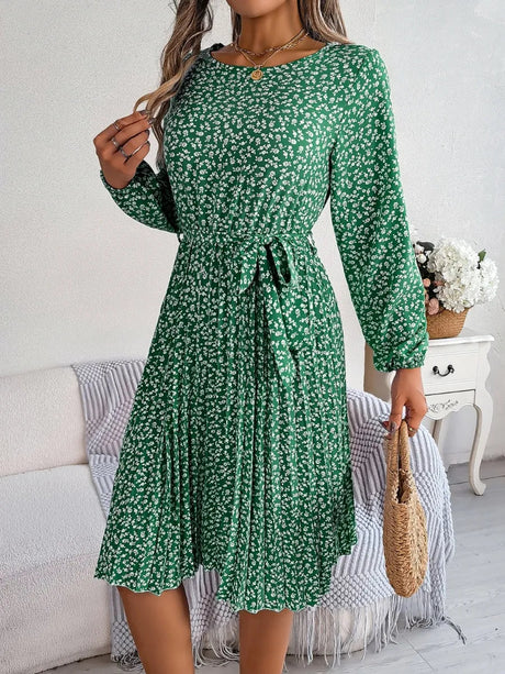 Ditsy Floral Tie Waist Pleated Dress - V.I.P Digital Presence