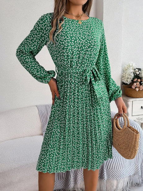 Ditsy Floral Tie Waist Pleated Dress - V.I.P Digital Presence