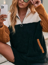 Double sided plush contrasting patch pocket hoodie color blocked plush top for women - V.I.P Digital Presence