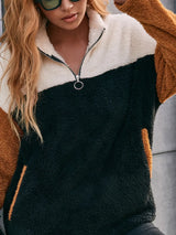 Double sided plush contrasting patch pocket hoodie color blocked plush top for women - V.I.P Digital Presence