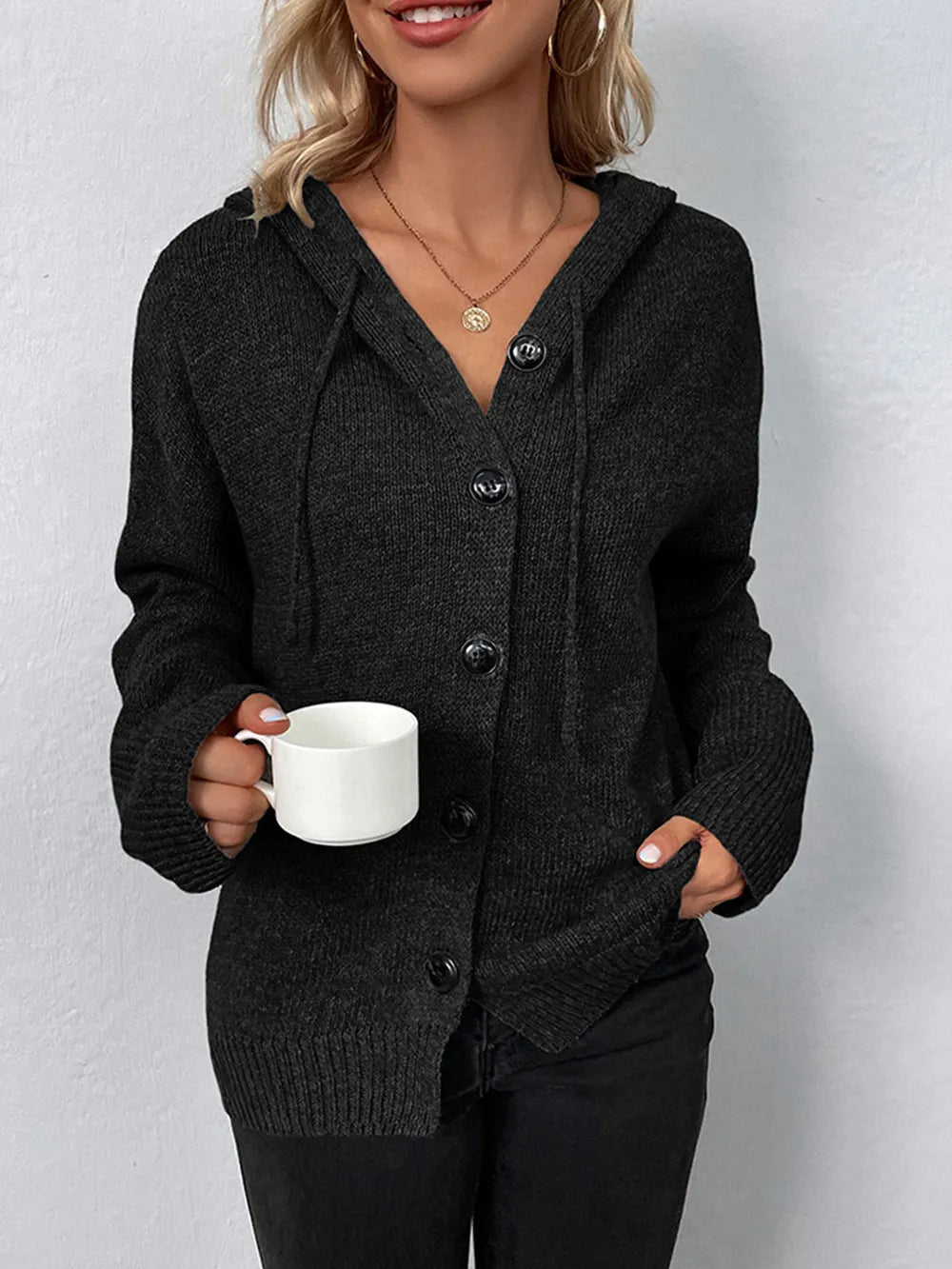 Drawstring Button Up Hooded Cardigan - V.I.P Digital Presence
