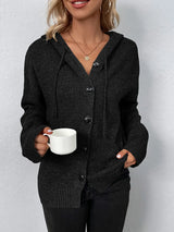 Drawstring Button Up Hooded Cardigan - V.I.P Digital Presence