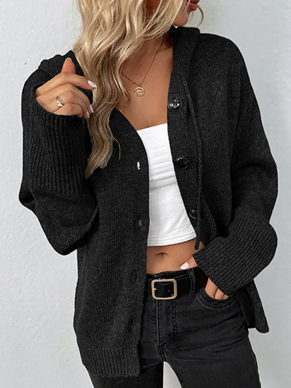 Drawstring Button Up Hooded Cardigan - V.I.P Digital Presence