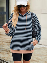 Drawstring Contrast Striped Long Sleeve Hoodie - V.I.P Digital Presence