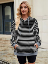 Drawstring Contrast Striped Long Sleeve Hoodie - V.I.P Digital Presence