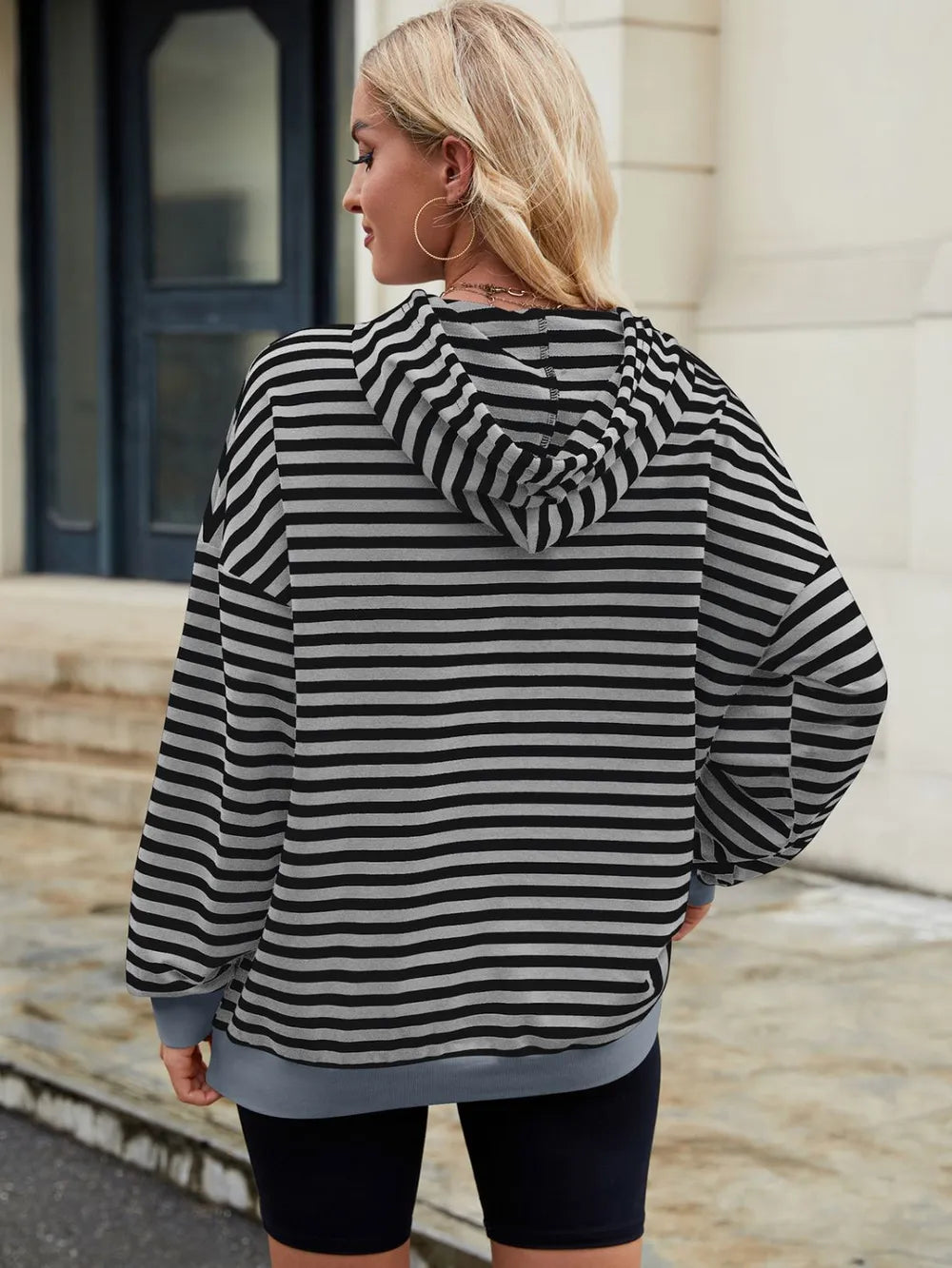 Drawstring Contrast Striped Long Sleeve Hoodie - V.I.P Digital Presence