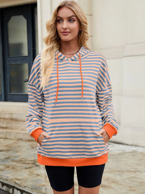 Drawstring Contrast Striped Long Sleeve Hoodie - V.I.P Digital Presence