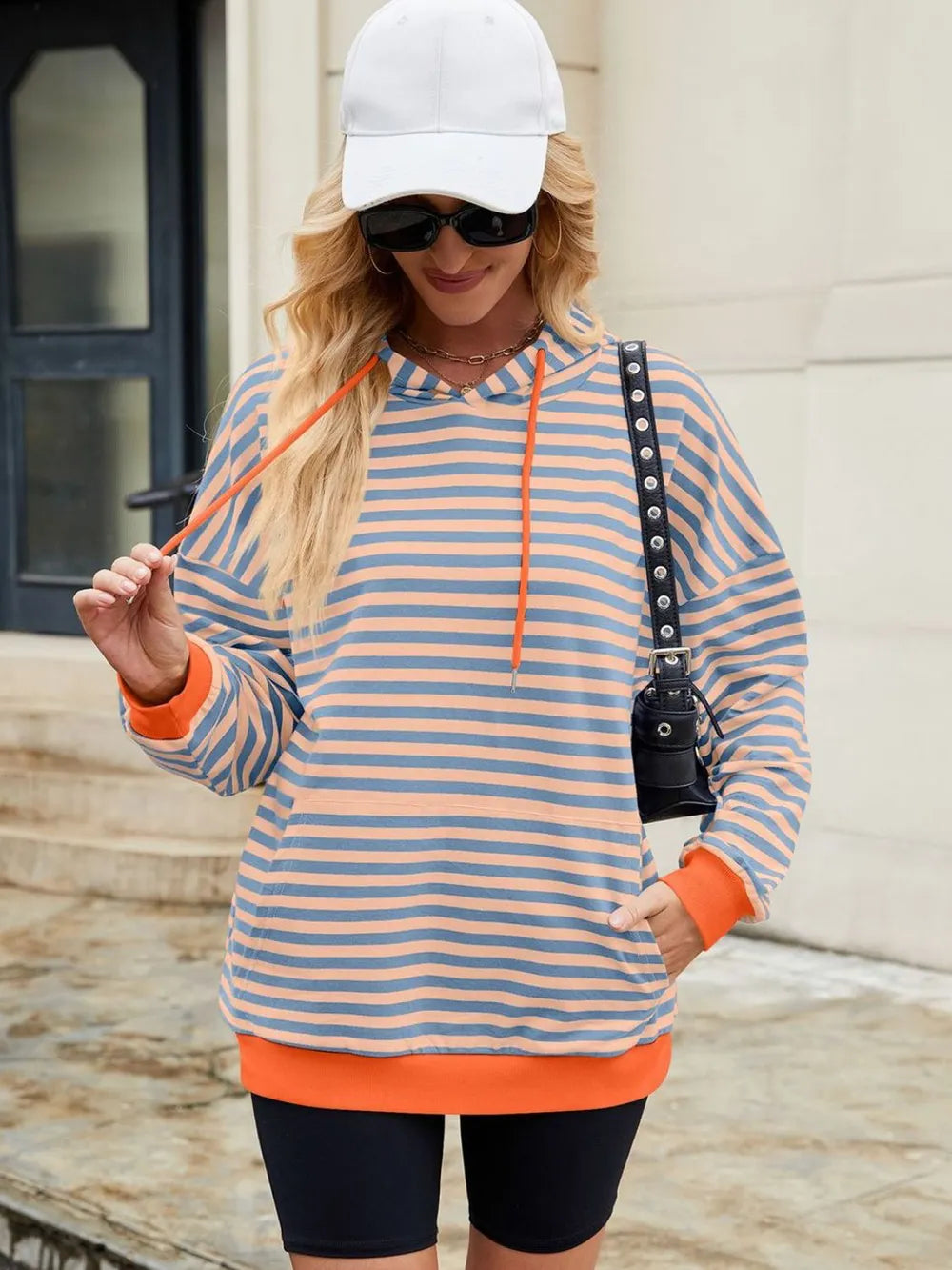 Drawstring Contrast Striped Long Sleeve Hoodie - V.I.P Digital Presence