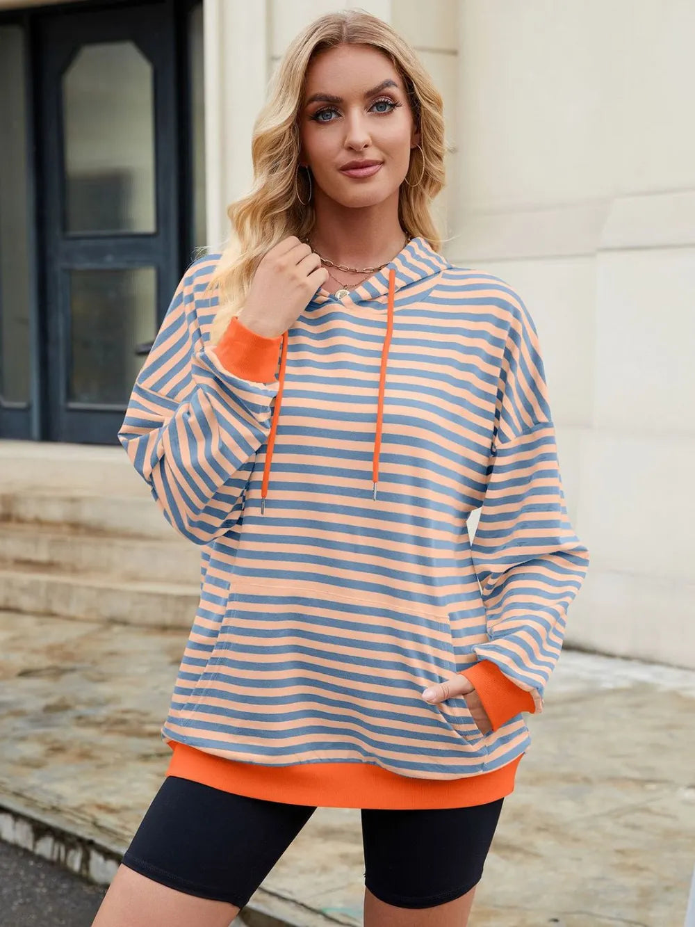 Drawstring Contrast Striped Long Sleeve Hoodie - V.I.P Digital Presence
