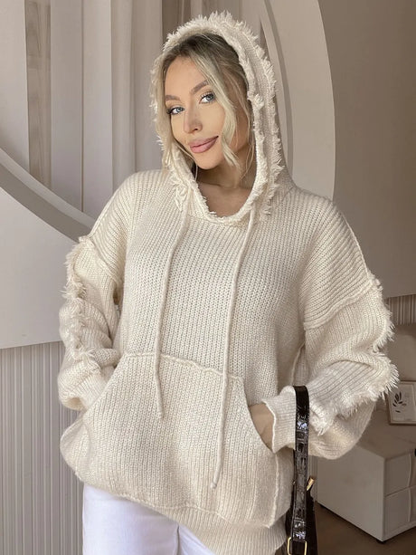 Drawstring Fringe Hem Long Sleeve Hooded Sweater - V.I.P Digital Presence