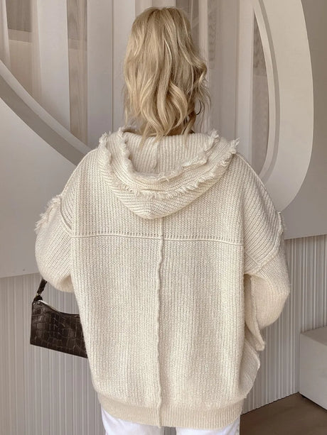 Drawstring Fringe Hem Long Sleeve Hooded Sweater - V.I.P Digital Presence