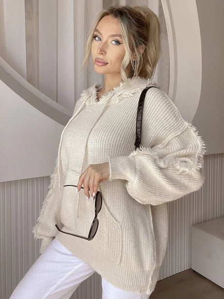 Drawstring Fringe Hem Long Sleeve Hooded Sweater - V.I.P Digital Presence
