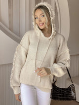 Drawstring Fringe Hem Long Sleeve Hooded Sweater - V.I.P Digital Presence