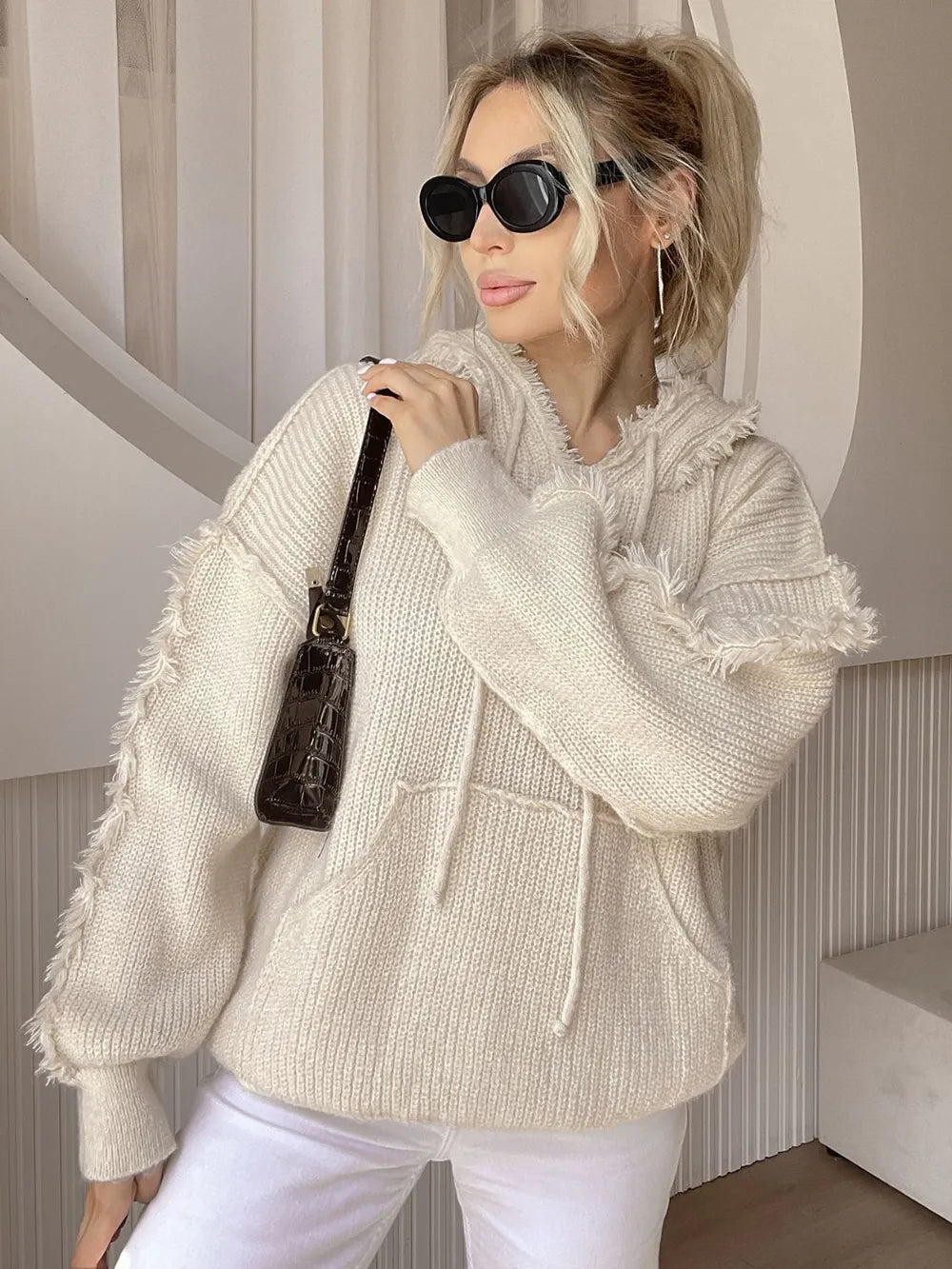 Drawstring Fringe Hem Long Sleeve Hooded Sweater - V.I.P Digital Presence