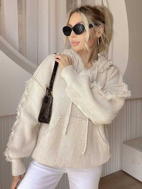 Drawstring Fringe Hem Long Sleeve Hooded Sweater - V.I.P Digital Presence