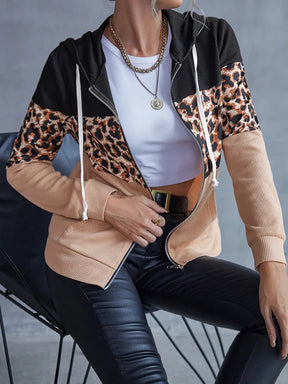 Drawstring Leopard Zip Up Hooded Jacket - V.I.P Digital Presence