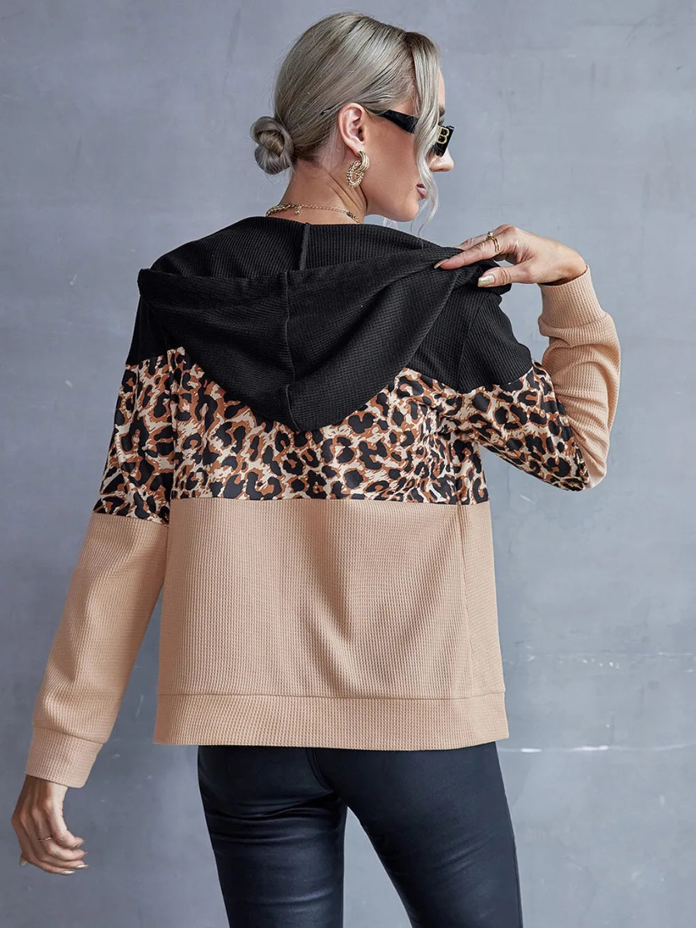 Drawstring Leopard Zip Up Hooded Jacket - V.I.P Digital Presence