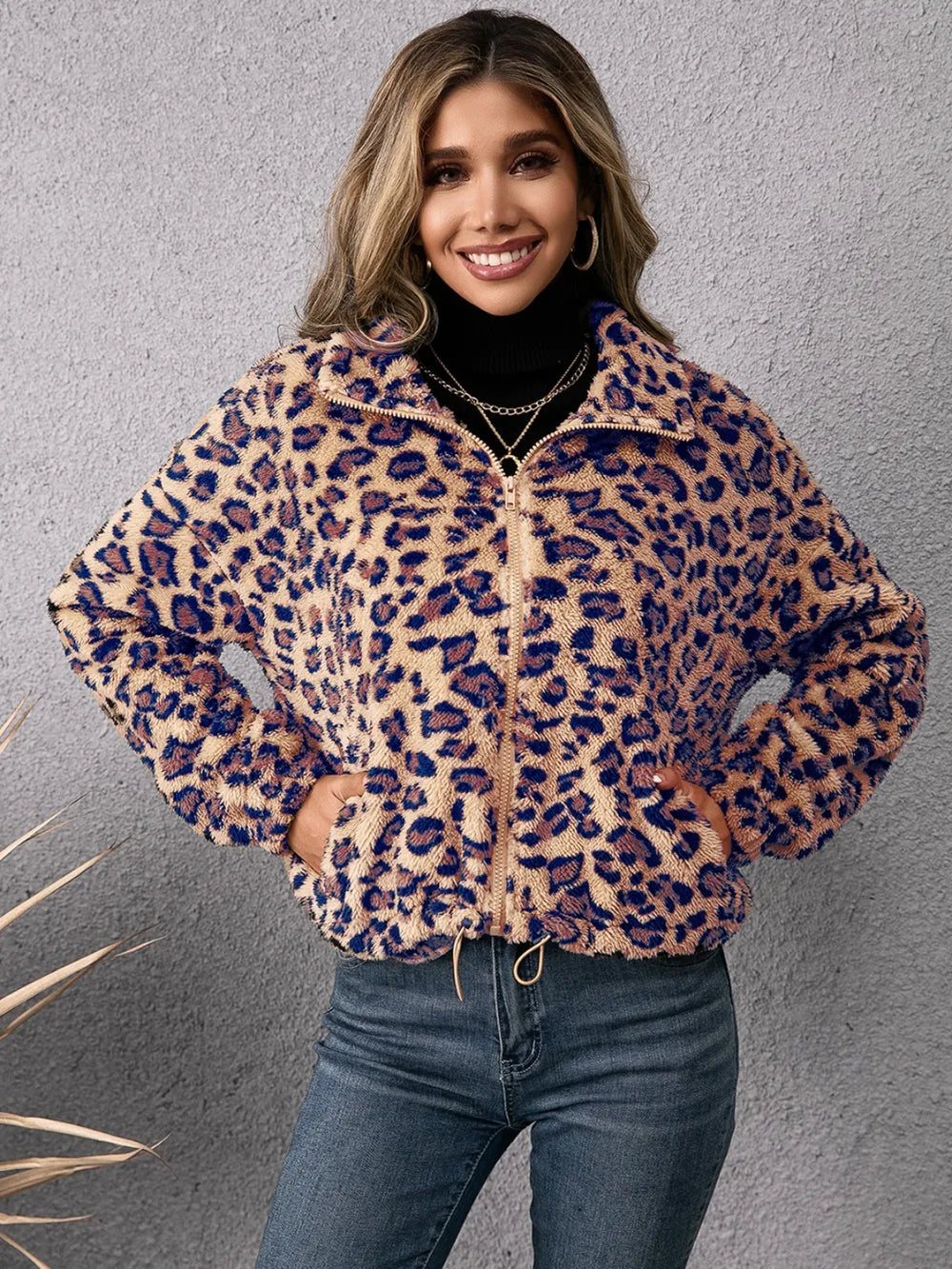 Drawstring Leopard Zip Up Jacket - V.I.P Digital Presence