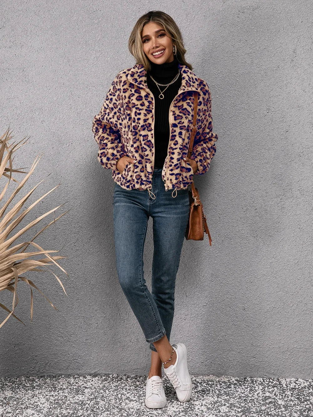 Drawstring Leopard Zip Up Jacket - V.I.P Digital Presence