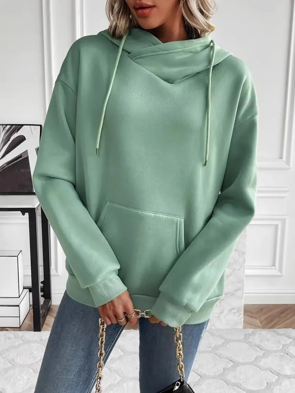 Drawstring Long Sleeve Hoodie with Kangaroo Pocket - V.I.P Digital Presence
