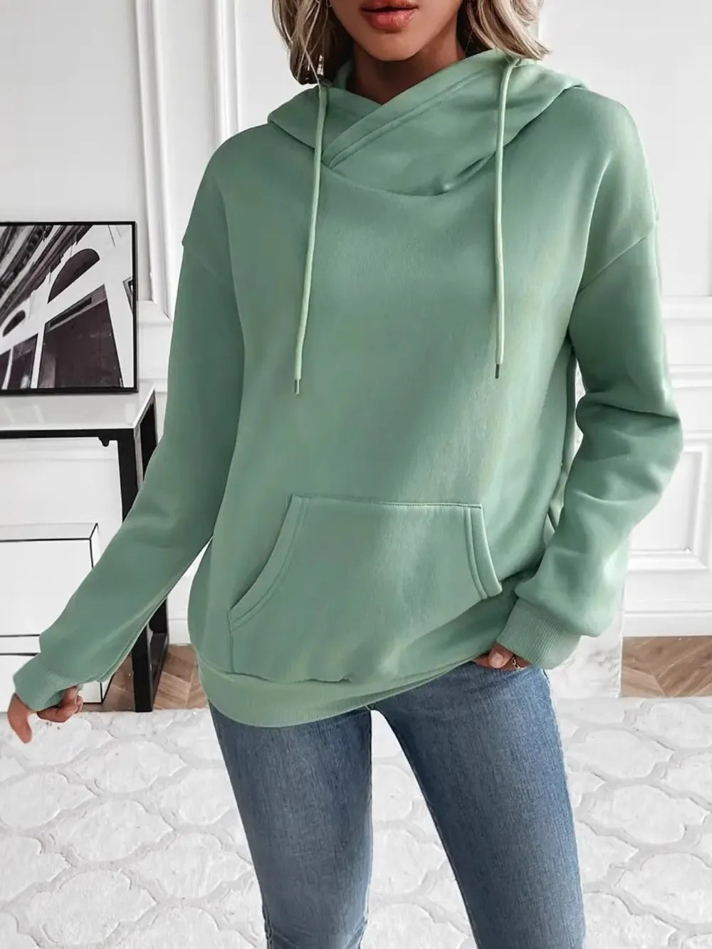 Drawstring Long Sleeve Hoodie with Kangaroo Pocket - V.I.P Digital Presence