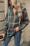 Drawstring Plaid Hooded Long Sleeve Top - V.I.P Digital Presence