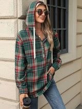 Drawstring Plaid Hooded Long Sleeve Top - V.I.P Digital Presence