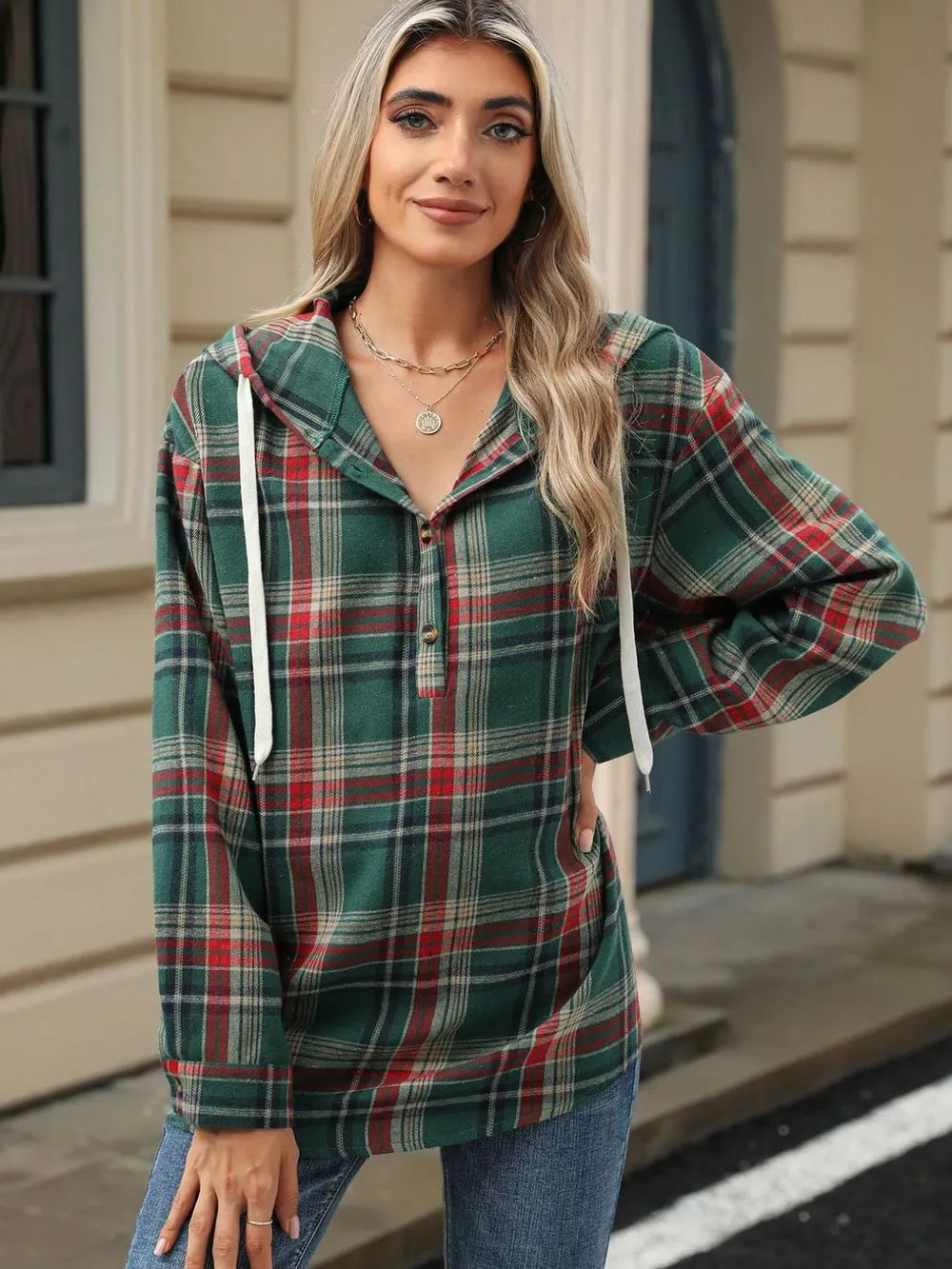 Drawstring Plaid Hooded Long Sleeve Top - V.I.P Digital Presence