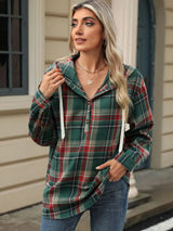 Drawstring Plaid Hooded Long Sleeve Top - V.I.P Digital Presence