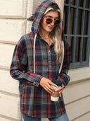 Drawstring Plaid Hooded Long Sleeve Top - V.I.P Digital Presence