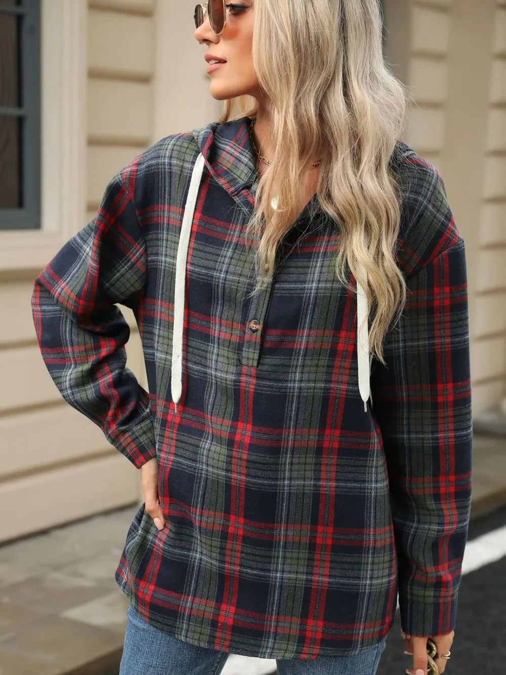 Drawstring Plaid Hooded Long Sleeve Top - V.I.P Digital Presence