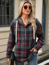 Drawstring Plaid Hooded Long Sleeve Top - V.I.P Digital Presence