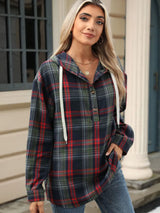 Drawstring Plaid Hooded Long Sleeve Top - V.I.P Digital Presence