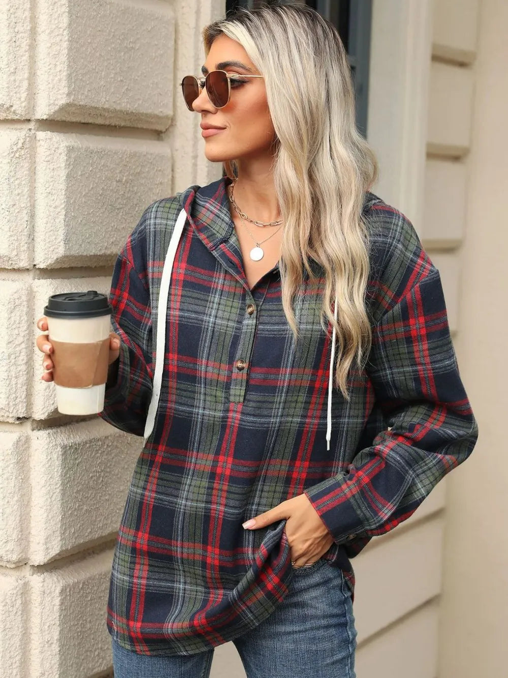 Drawstring Plaid Hooded Long Sleeve Top - V.I.P Digital Presence