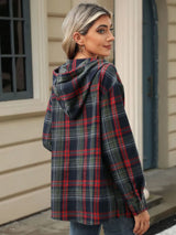 Drawstring Plaid Hooded Long Sleeve Top - V.I.P Digital Presence