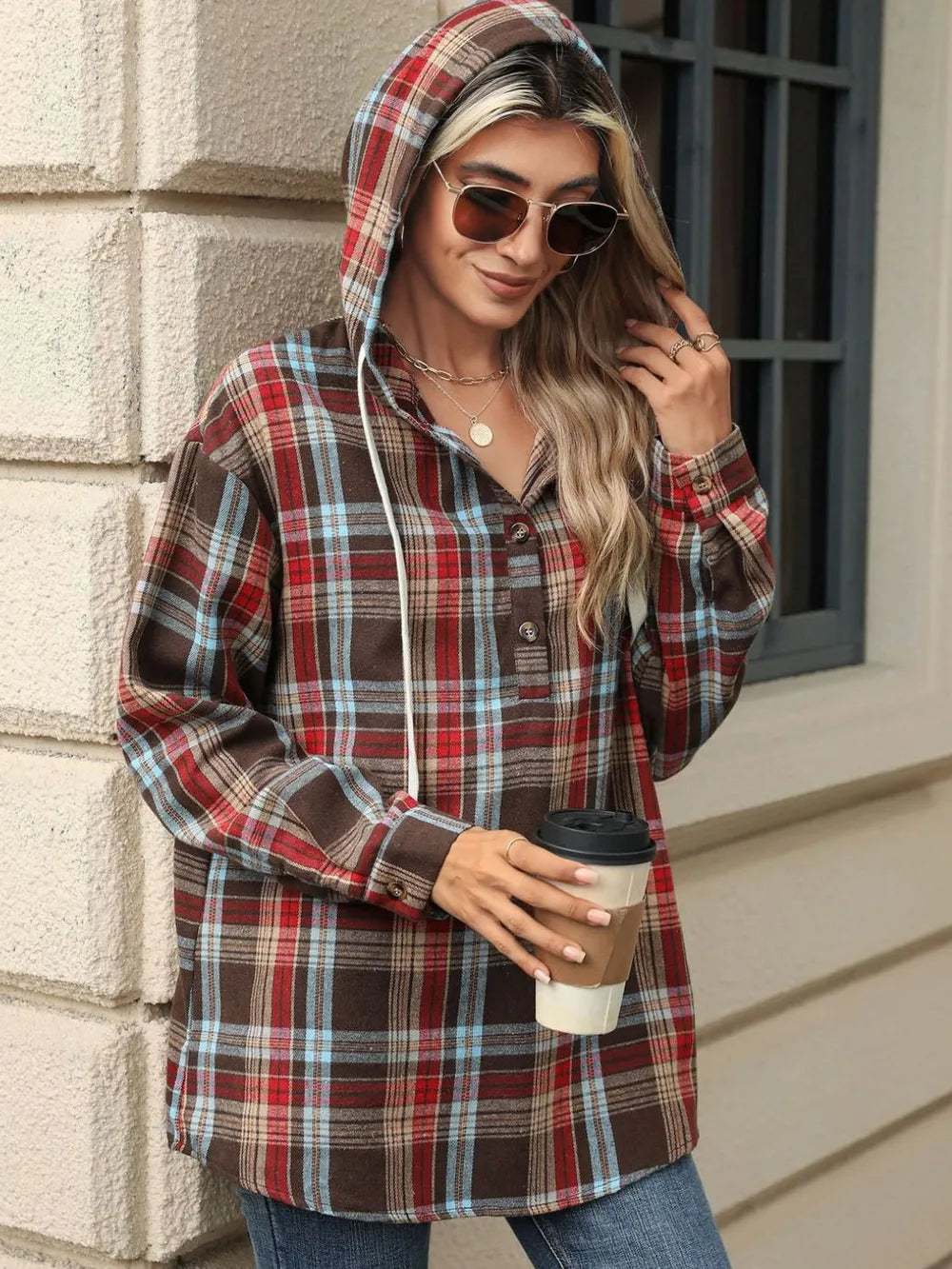 Drawstring Plaid Hooded Long Sleeve Top - V.I.P Digital Presence