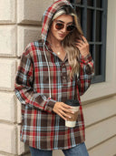 Drawstring Plaid Hooded Long Sleeve Top - V.I.P Digital Presence