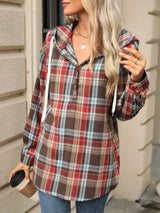 Drawstring Plaid Hooded Long Sleeve Top - V.I.P Digital Presence