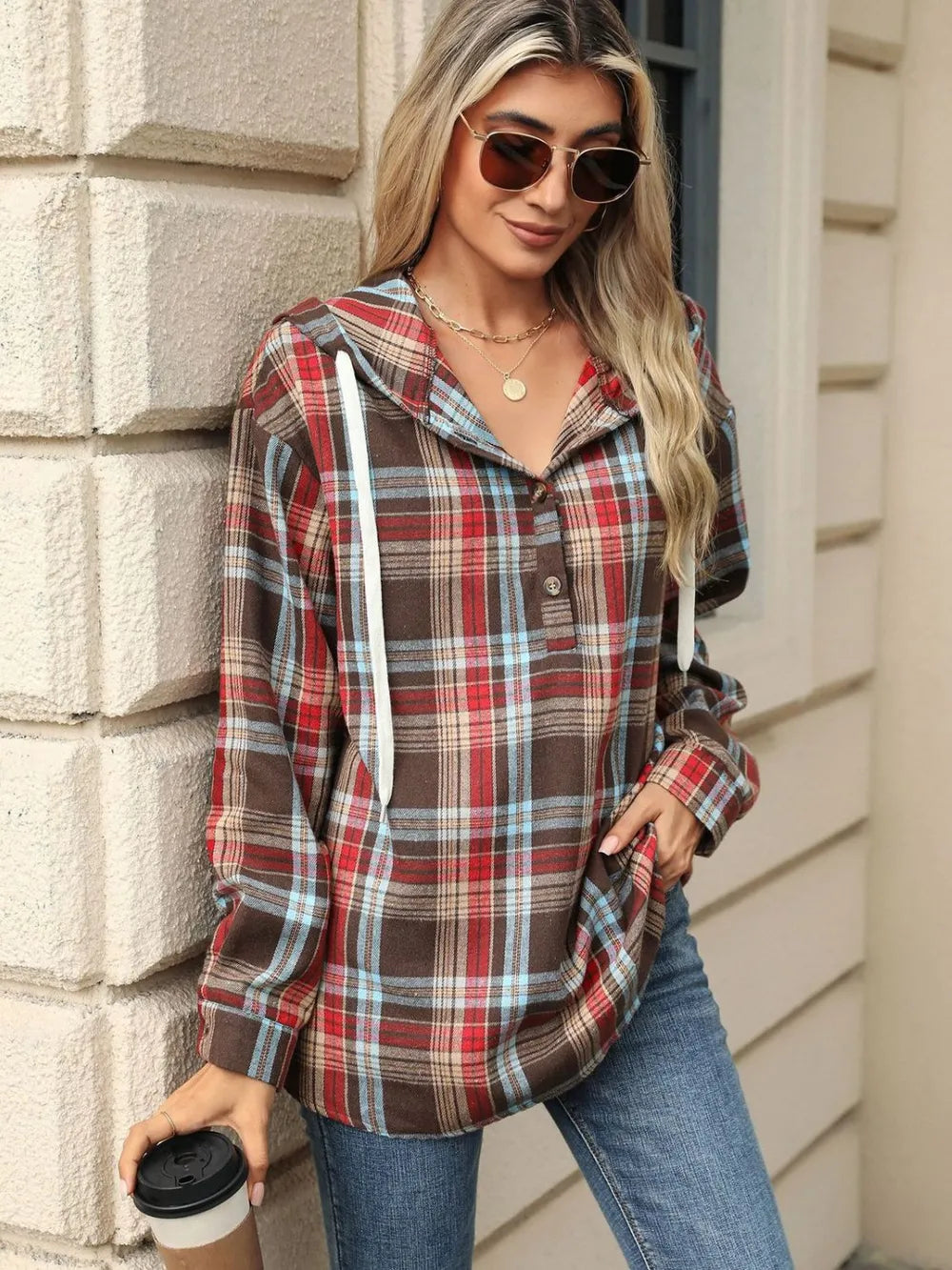 Drawstring Plaid Hooded Long Sleeve Top - V.I.P Digital Presence