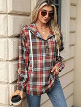 Drawstring Plaid Hooded Long Sleeve Top - V.I.P Digital Presence